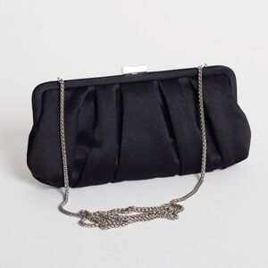 Nina 'Logan' Vintage inspired Black Pleated Satin Frame Clutch w Drop-in chain